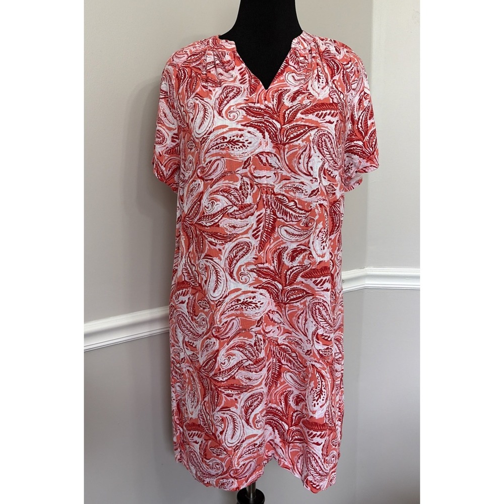 Kim Rogers Linen Blend Dress Women's Petite Medium Paisley Split Neck Midi Dress